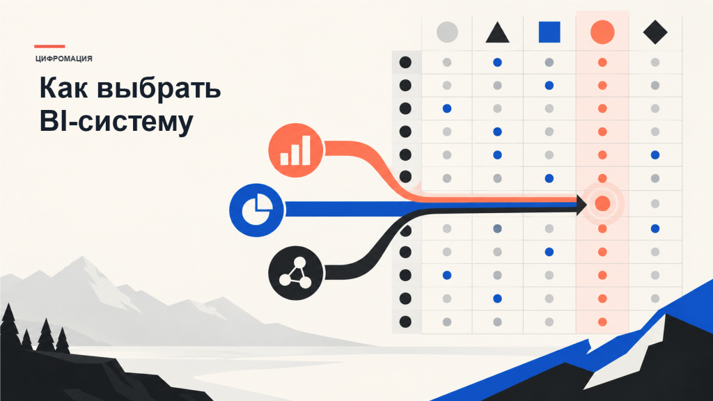 Матрица выбора BI-системы с тремя маршрутами данных и отмеченным вариантом.