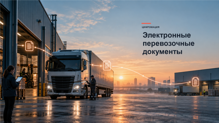 Грузовой терминал и фура, соединённые цифровым маршрутом перевозочных документов.