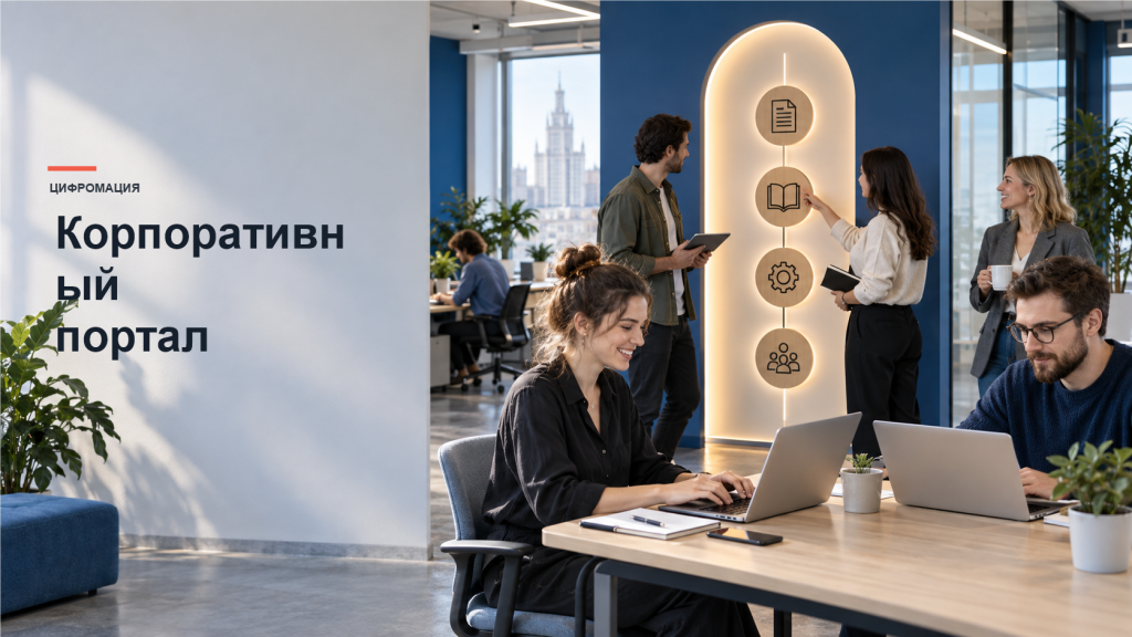 Сотрудники в офисе используют единый портал для документов, знаний, сервисов и общения.