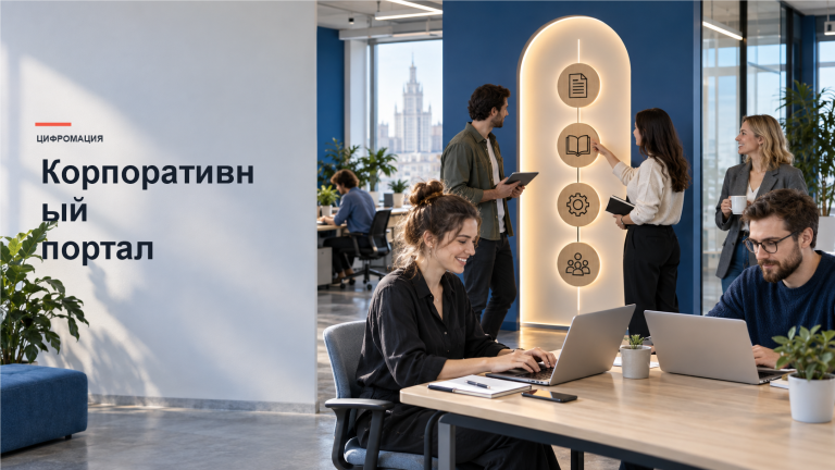 Сотрудники в офисе используют единый портал для документов, знаний, сервисов и общения.