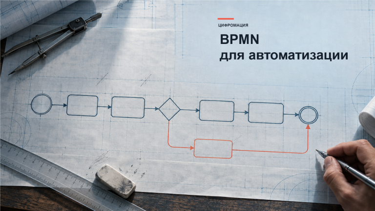Процесс BPMN с задачами, шлюзом и исключением начерчен на инженерной кальке.