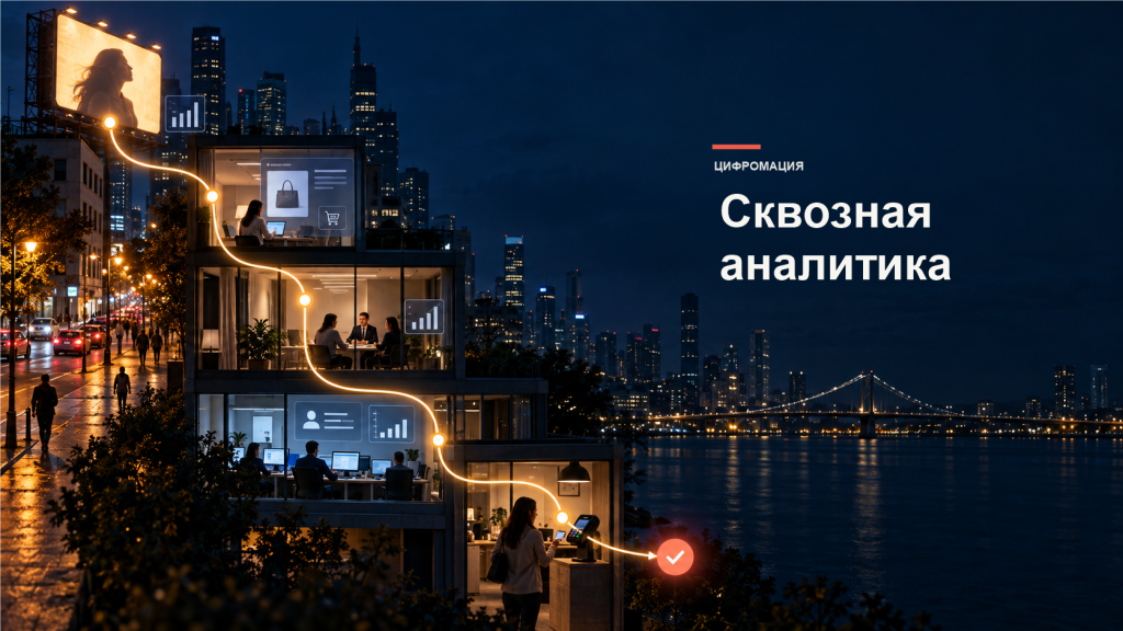 Световой маршрут связывает рекламу, сайт, продажи, CRM и подтверждённую оплату.