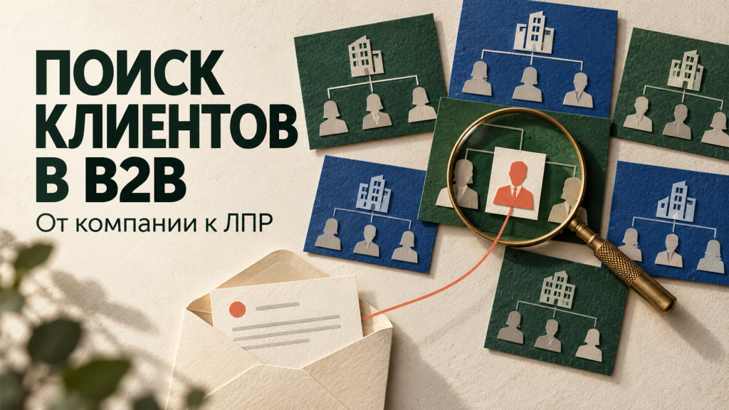 Поиск контактов ЛПР: лупа выделяет нужного сотрудника среди карточек компаний, от него линия ведёт к персональному письму